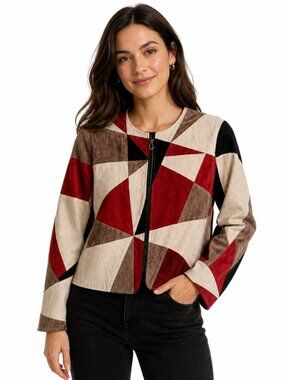 Vintage Karen Arnold Burgundy Red Tan Black Patchwork Suede Jacket